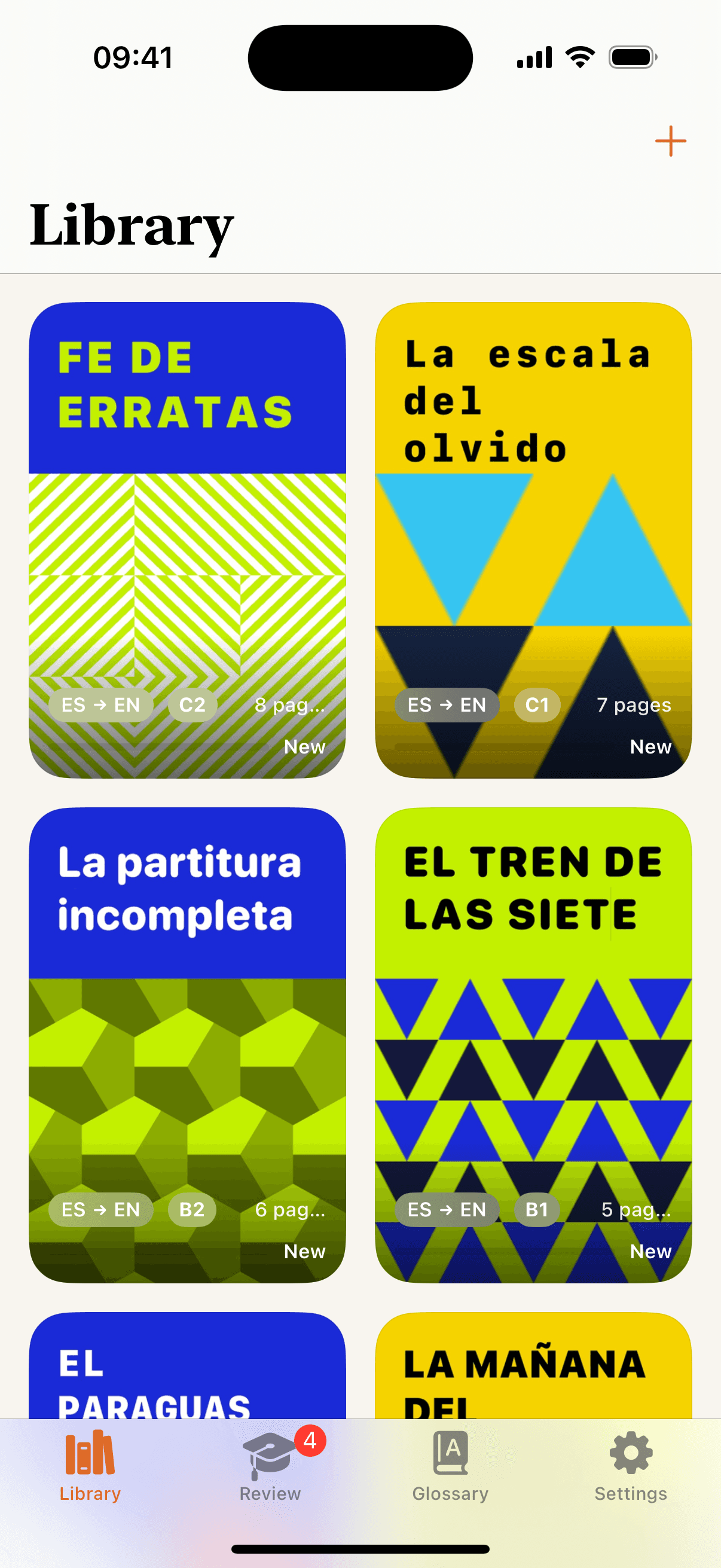 oqou's library of graded stories, each labelled with its CEFR level.