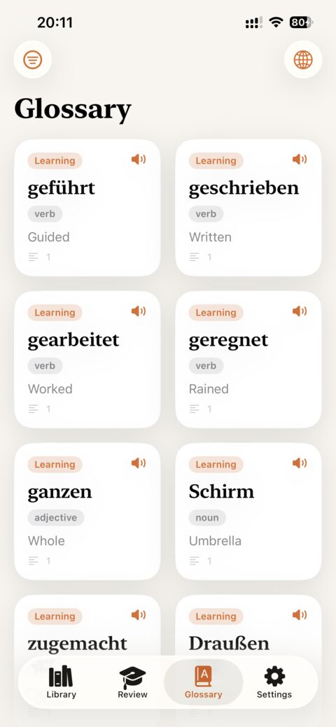 The oqou glossary of saved words with meanings and audio